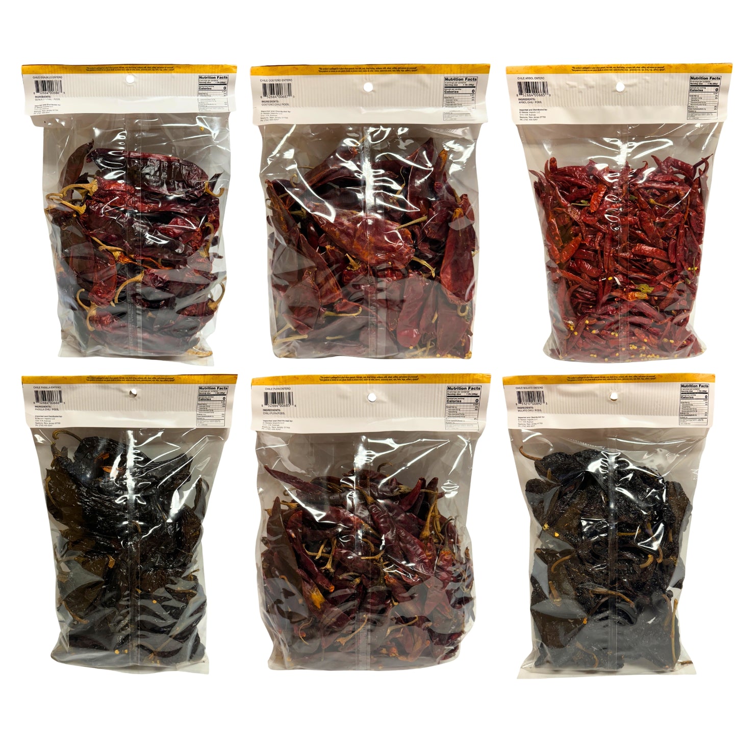 El Metate - Paquete de Chiles Secos - Guajillo, Costeño, Arbol, Pasilla, Puya, Mulato - 16oz cada bolsa (6LB Total)